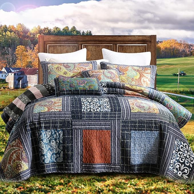 NEWLAKE Cotton Patchwork Bedspread, 3-Piece Bedding Quilt Set with Real Stitched Embroidery, Reversible Matelasse Bed Coverlet Set,Vintage Flowery Grid,King Size