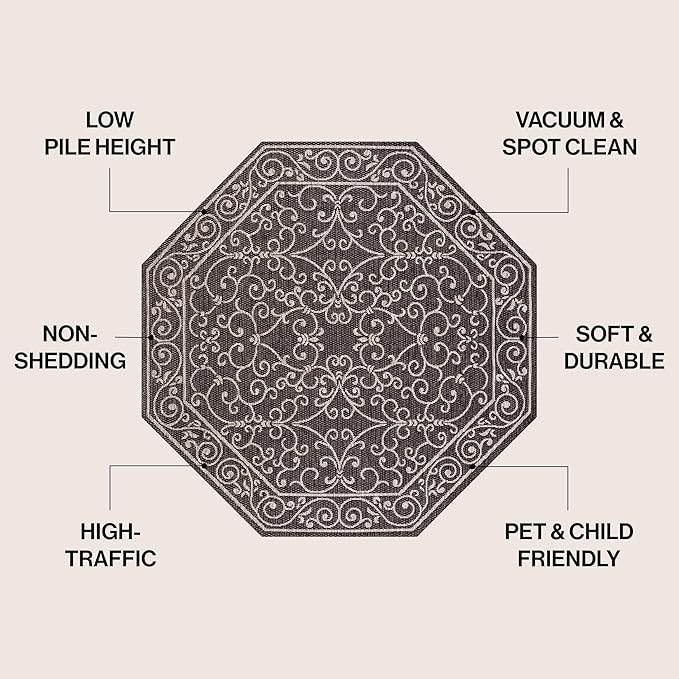JONATHAN Y Vintage Filigree Indoor Outdoor Octagon Area Rug 8 Ft Black/Gray, Charleston Textured Weave for Backyard, Patio, Porch, Easy-Cleaning, High Traffic, Pet-Friendly Non-Shedding SMB106G-8TGN