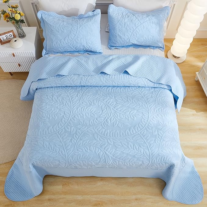 MarCielo 3-Piece 100% Cotton Oversized Bedspread Lightweight Quilt Coverlet Embroidery Farmhouse Bedding Set T0 (Light Blue, Oversized King (118"x106"))