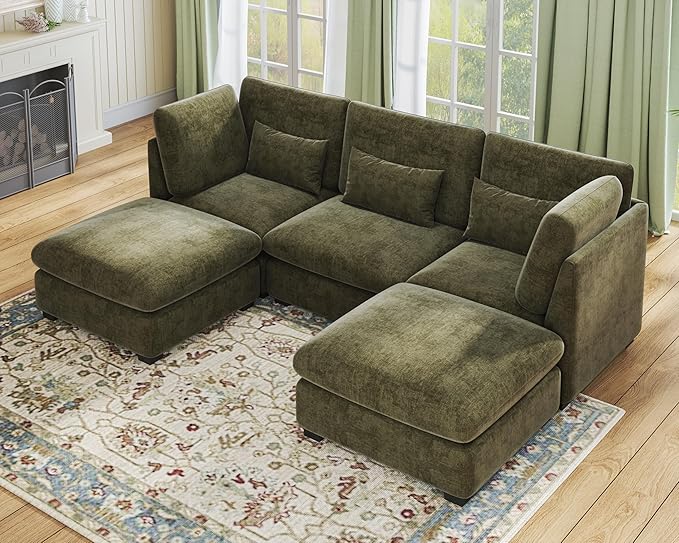 Oversized Modular Sofa, Extra Deep Cloud Chenille Sectional Couch with Ottoman Chaise, Fluffy Chenille 5 Seater Sofa Bed for Living Room, Villa (U Shape 5 Seater, Chenille Green)