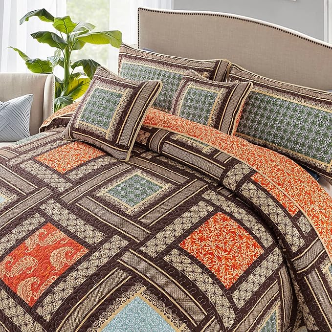 NEWLAKE Cotton Patchwork Bedspread, 3-Piece Bedding Quilt Set with Real Stitched Embroidery, Reversible Matelasse Bed Coverlet Set,Bohemian Farmhouse,Queen Size