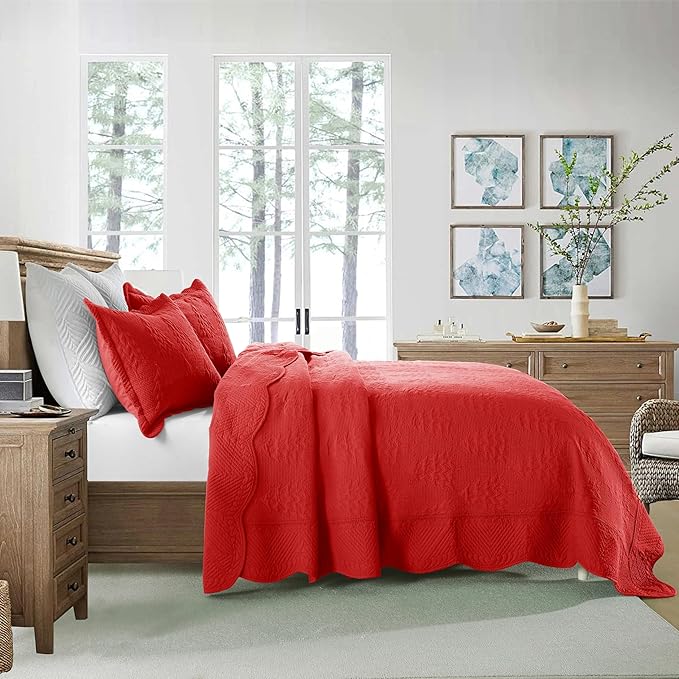 MarCielo 3-Piece Christmas Quilt 100% Cotton Oversized Bedspread Lightweight Coverlet Embroidery Christmas Tree Pattern Bedding Set (TC Red, Oversized King (118"x106"))