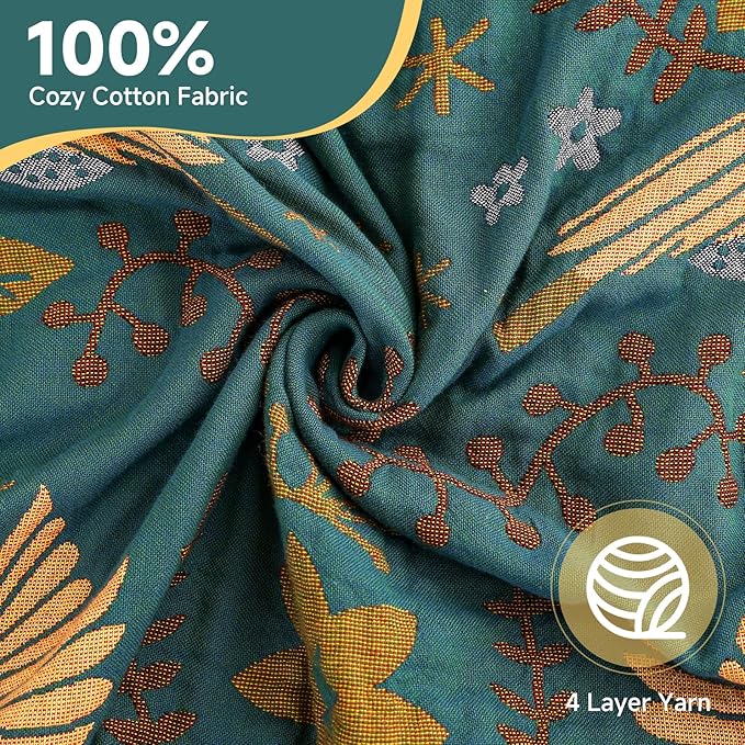 Boho Throw Blanket for Bed Couch 100% Cotton Woven Bed Throws for All Season Lightweight and Soft Cozy Farmhouse Reversible Muslin Decorative Blanket for Travel Picnic, Teal/Cream, 60''x80''