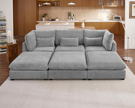 Oversized Modular Sofa, Extra Deep Cloud Chenille Sectional Couch with Ottoman Chaise, Fluffy Chenille 6 Seater Couch Bed for Living Room, Villa (Sofa Bed 6 Seater, Chenille Grey)