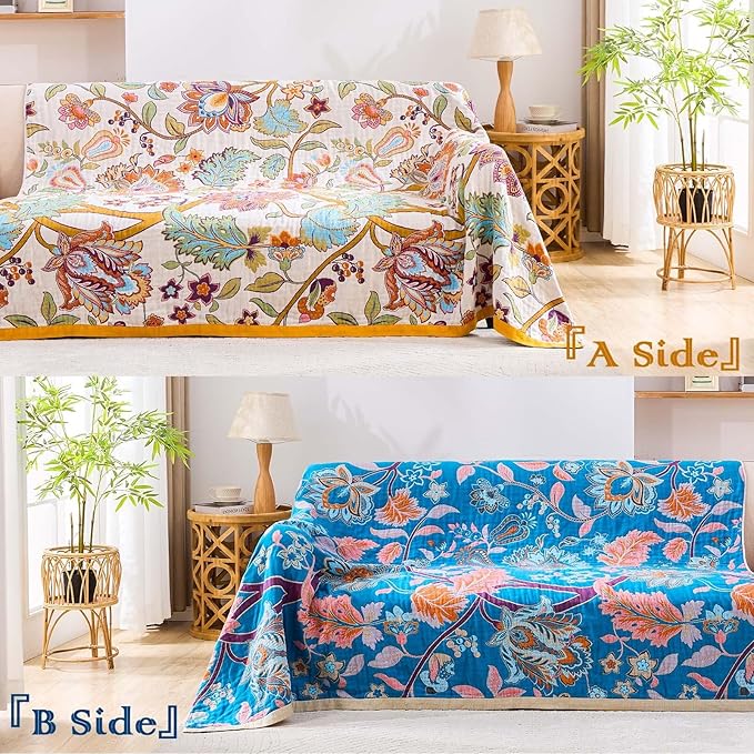 Boho Throw Blanket for Bed, 100% Cotton Soft Rustic Quilt Fall Blanket, 90"x98" Floral Printed Farmhouse Decor Bed Blankets, All Season Rustic Reversible Bohemian Throw Quilt