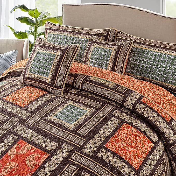 NEWLAKE Cotton Patchwork Bedspread, 3-Piece Bedding Quilt Set with Real Stitched Embroidery, Reversible Matelasse Bed Coverlet Set,Bohemian Farmhouse,King Size