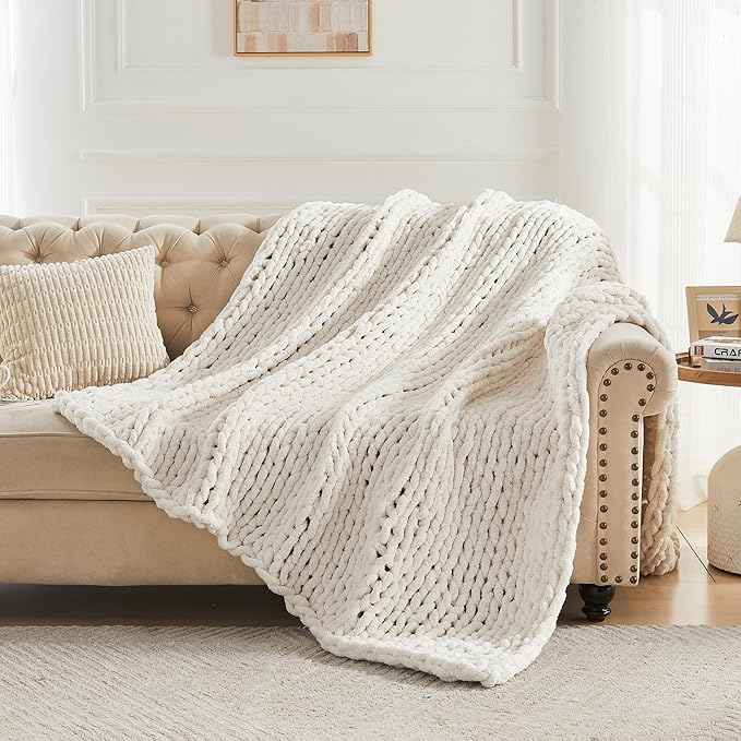Carriediosa Chunky Knit Throw Blanket 60" X 80" Twin, 100% Hand Made Large Chenille Loop Yarn Soft Fluffy Throws for Couch Sofa Bed, Big Crochet Cozy Heavy Thick Cable Woven Blankets, Cream White