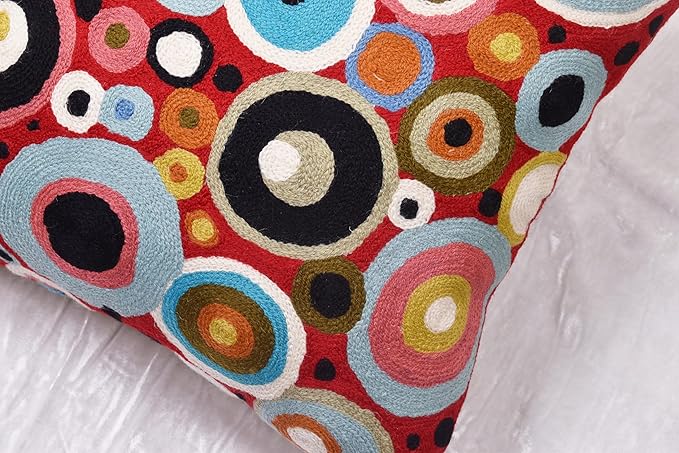 Red Polka Dots Pillow Cover | Reds Contemporary Pillows | Farmhouse Chair Cushion | Modern Outdoor Pillows | Red Throw Chair Pillow | Hand Embroidered Cushions Wool Size - 18x18