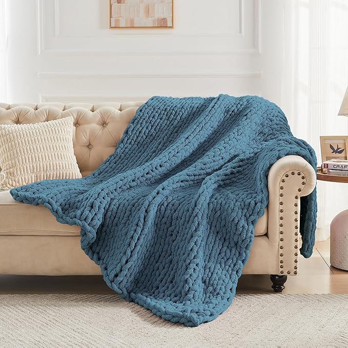 Carriediosa Chunky Knit Throw Blanket 60" X 80" Twin, 100% Hand Made Large Chenille Loop Yarn Soft Fluffy Throws for Couch Sofa Bed, Big Crochet Cozy Heavy Thick Cable Woven Blankets, Lyons Blue