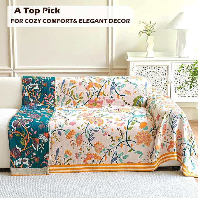 Boho Throw Blanket, 100% Organic Cotton Breathable Ultra Soft 80" x 90" Bed Quilt Throw - All Season Floral Rustic Farmhouse Decor Luxury Reversible Blanket for Sofa Couch Chair and Gift