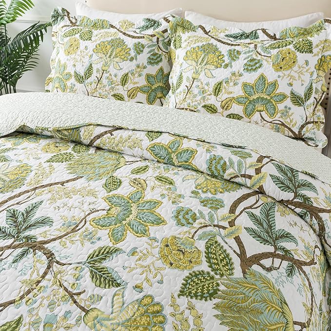 NEWLAKE Cotton Bedspread Quilt Sets - Reversible Patchwork Coverlet Set, Floral Vine Pattern, Queen Size