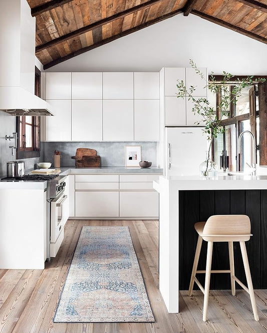 Loloi Layla Collection LAY-07 Blue/Tangerine 2'-6" x 9'-6" .13" Thick Runner Rug, Soft, Durable, Vintage Inspired, Distressed, Low Pile, Non-Shedding, Easy Clean, Printed, Living Room Rug