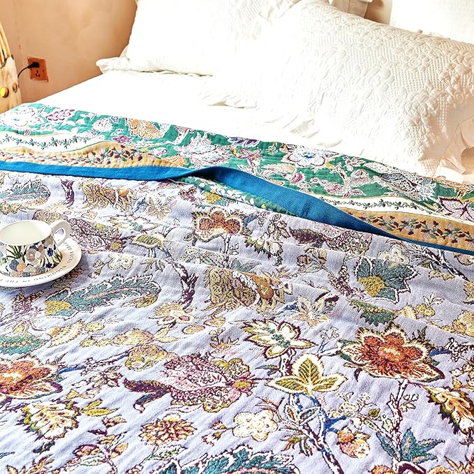 Boho Throw Blanket 80" x 90", 100% Organic Cotton Breathable Ultra Soft Bed Purple Quilt Throw - All Season Luxury Floral Farmhouse Decor Blanket for Sofa Couch Chair and Gift.