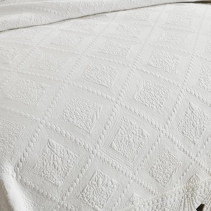 MarCielo 3-Piece 100% Cotton Oversized Bedspread Lightweight Quilt Coverlet Embroidery Farmhouse Bedding Set (TK White, Oversized King (118"x106"))
