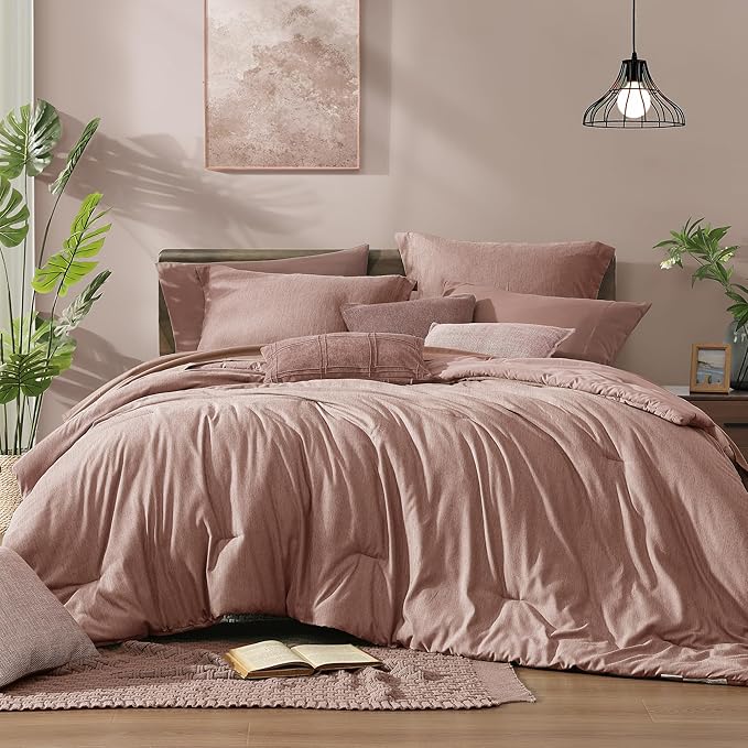 Monbix Queen Comforter Set - 7 Pieces Dusty Pink Cationic Dyeing Bed in a Bag Queen Bedding Sets with Sheets, Pillowcases & Shams, Reversible Bedding Comforters
