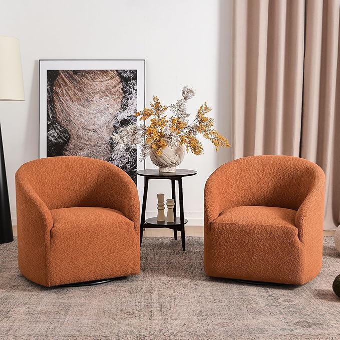 KINWELL 32" Wide Swivel Barrel Chairs Set of 2, Boucle Upholstered Swivel Accent Chairs, Mid-Century 360 Degree Swivel Chairs, No Assembly Round Armchairs for Living Room, Bedroom (Caramel)