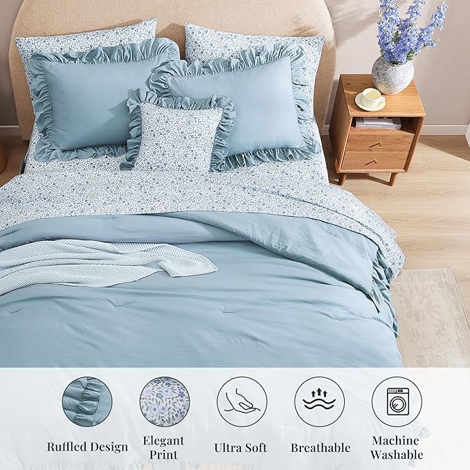 Queen Comforter Set - 7 Pieces Ruffle Blue Bedding Sets, Shabby Chic Farmhouse Bed in a Bag Queen with Ruffle Comforter, Floral Sheets, Pillowcases & Shams