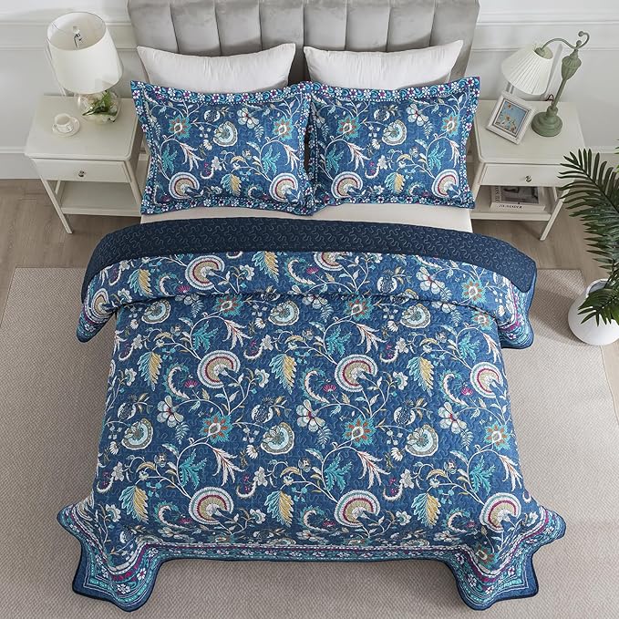 NEWLAKE Quilt Set King Size, Bedspread Sets Blue Botanical Floral Patterns, Reversible Quilt Bedding Set Lightweight and Breathable for All Seasons, Soft Quilted Bedspread with 2 Pillow Shams