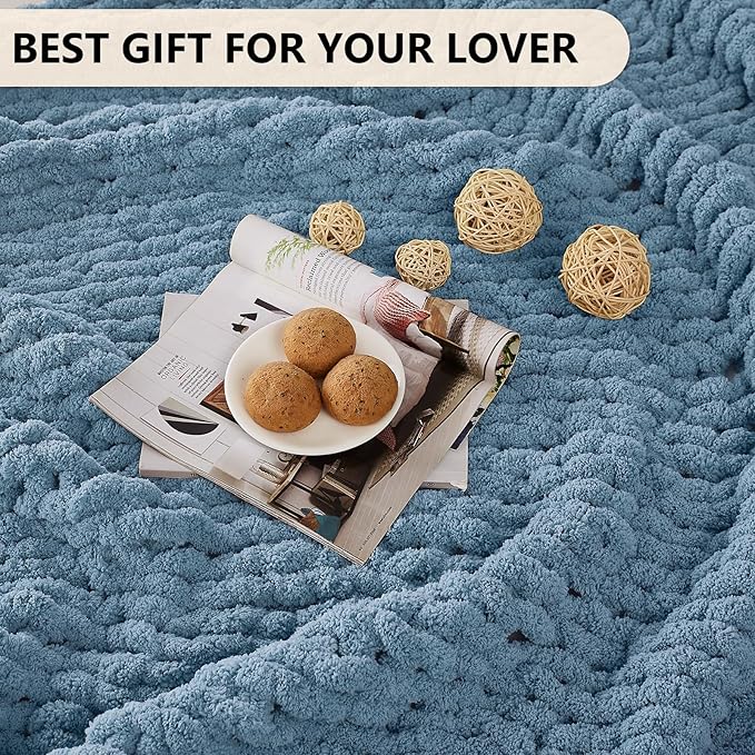 L'AGRATY Chunky Knit Blanket Throw: 80''x90'' Chenille Chunky Knitted Throw Blankets for Bed Couch - Handmade Thick Big Cable Knit Blanket - Large Crochet Rope Blankets for Home Decor(Airy Blue)
