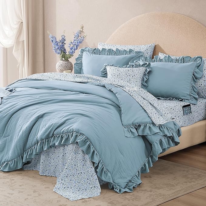 Queen Comforter Set - 7 Pieces Ruffle Blue Bedding Sets, Shabby Chic Farmhouse Bed in a Bag Queen with Ruffle Comforter, Floral Sheets, Pillowcases & Shams