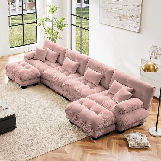 U Shaped Couch Sectional Couch, 4-Seater Cloud Couch Sectional Oversized Couch, Sofa Bed Couch with Round Bolster Armrests 6 Pillows, Modular Couch Home Sofa Living Room Couch(Pink)