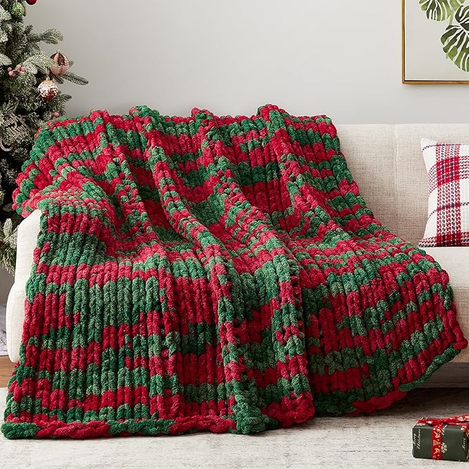 Chunky Knit Throw Blanket, 60''*80'' Knitted Throw Chenille Yarn for Bed Couch, Handmade Stripe Crochet Big Thick Blanket, Machine Washable Cute Comfy Blanket for Home Decor