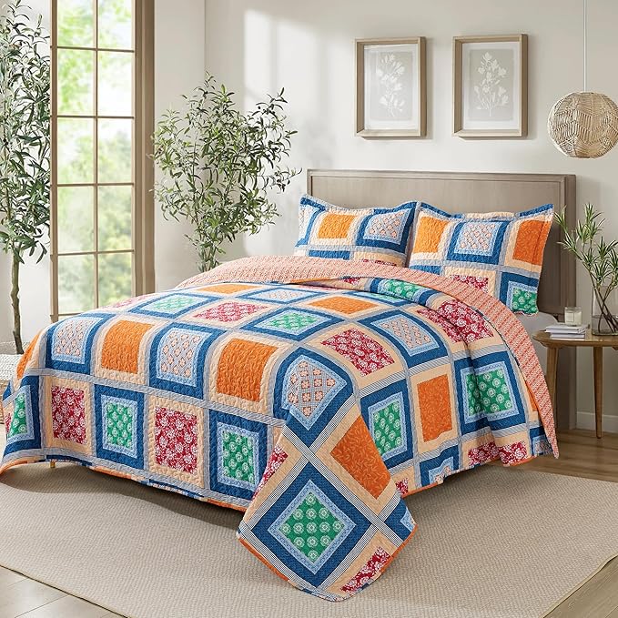 NEWLAKE Quilt Bedspread Sets - Bohemian Farmhouse Pattern Reversible Coverlet Set, Queen Size