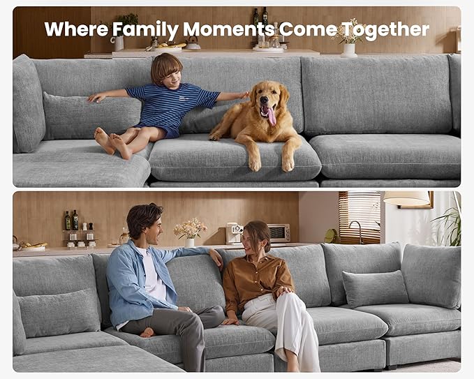 Oversized Modular Sofa, Extra Deep Cloud Chenille Sectional Couch with Ottoman Chaise, Fluffy Chenille Corner V Shape Sofa for Living Room, Villa (Corner V Shape+Ottoman, Chenille Grey)