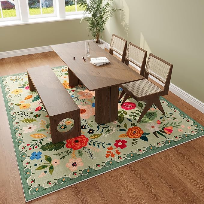 Living Room Rug 5x7 Rug Machine Washable Boho Area Rug Non Slip Floral Vintage Low Pile Large Rugs for Living Room, Bedroom, Farmhouse, Dining Room, Kids Playroom(Green)