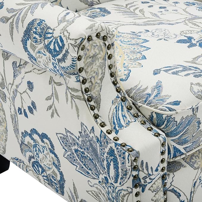 UIXE High Back Floral Accent Chair, Upholstered Armchair in Fabric, Retro Printed Wingback Arm Chair for Living Room, Nailhead Trim Single Sofa Bedroom Reading Seat - Plants Blue