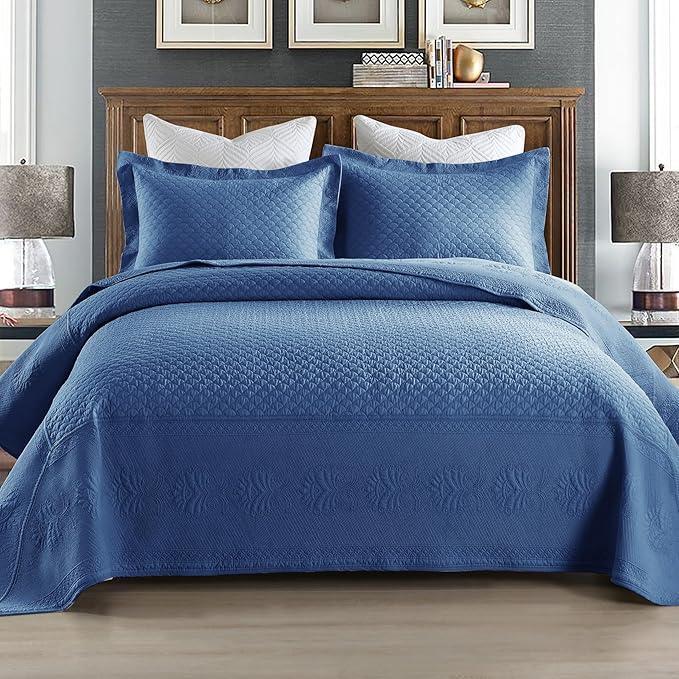 MarCielo 3-Piece 100% Cotton Oversized Bedspread Lightweight Quilt Coverlet Embroidery Farmhouse Bedding Set (TM Midtone Blue, Oversized King (118"x106"))