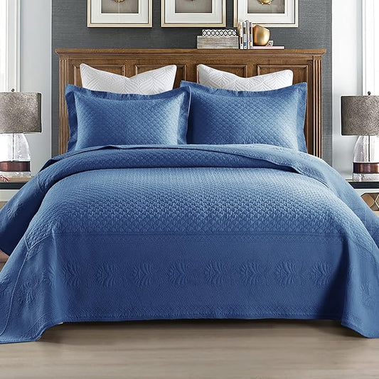 MarCielo 3-Piece 100% Cotton Oversized Bedspread Lightweight Quilt Coverlet Embroidery Farmhouse Bedding Set (TM Midtone Blue, Oversized King (118"x106"))