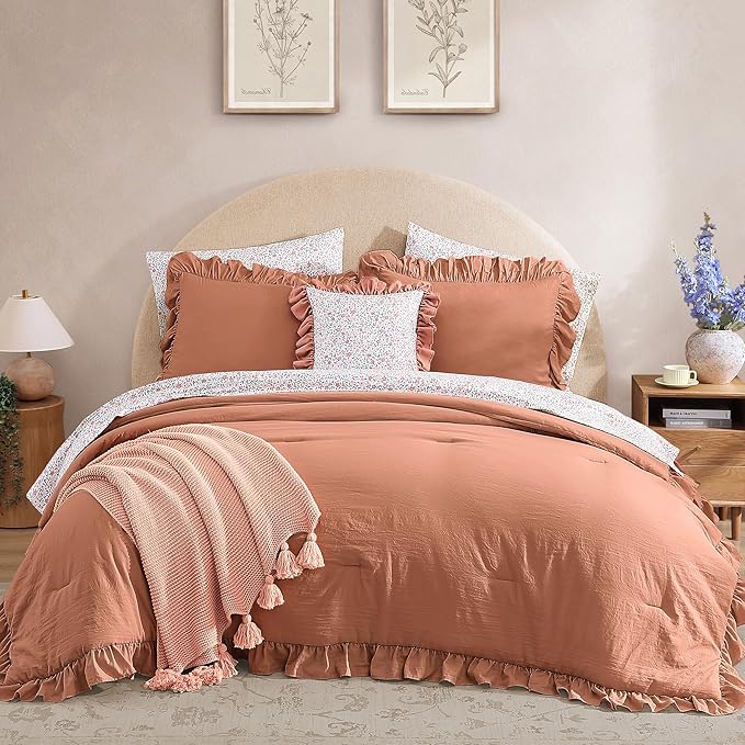 Queen Comforter Set - 7 Pieces Ruffle Autumn Leaf Bedding Sets, Shabby Chic Farmhouse Bed in a Bag Queen with Ruffle Comforter, Floral Sheets, Pillowcases & Shams