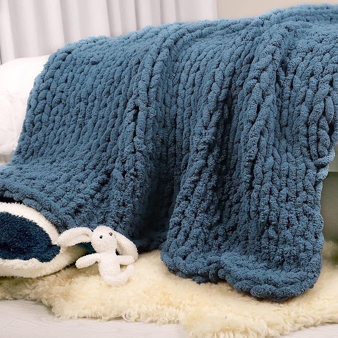 Carriediosa Chunky Knit Throw Blanket 60" X 80" Twin, 100% Hand Made Large Chenille Loop Yarn Soft Fluffy Throws for Couch Sofa Bed, Big Crochet Cozy Heavy Thick Cable Woven Blankets, Lyons Blue