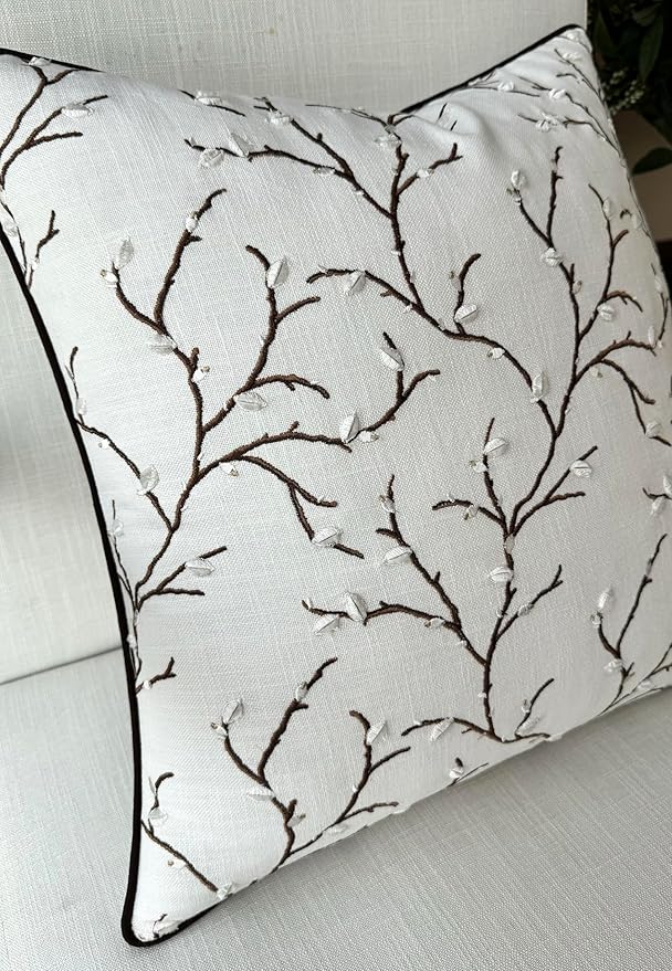VAGMINE Embroidered Pussy Willow Throw Pillow Cover - 18x18 Inches Square - 100% Cotton Ivory Decorative Cushion Cover - Floral Embroidery - Soft Neutral Accent for Sofa, Bed, Couch, Farmhouse Décor