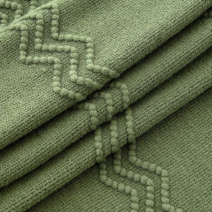 MIULEE Moss Green Knitted Throw Blanket for Couch Textured Knit Blanket with Tassels Cozy Woven Bed Blanket for Sofa Bed Chair Wave Pattern Spring Home Decor for All Seasons 50"x60"