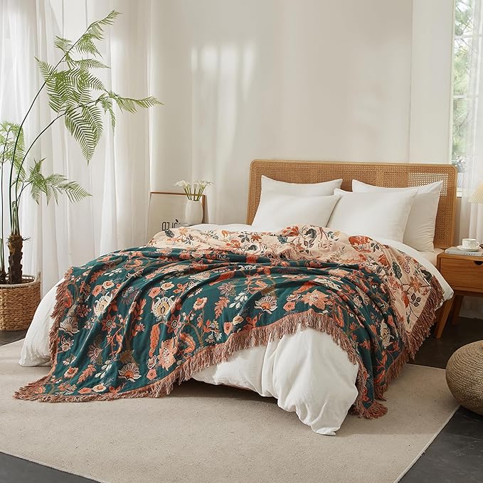 Boho Throw Blanket for Bed 80”x90”, 100% Cotton Woven Blanket for Couch Sofa, Ultra Soft 4-Layer Muslin Quilt with Floral Printed, Farmhouse Bed Blanket/Cover for Living Room Decor