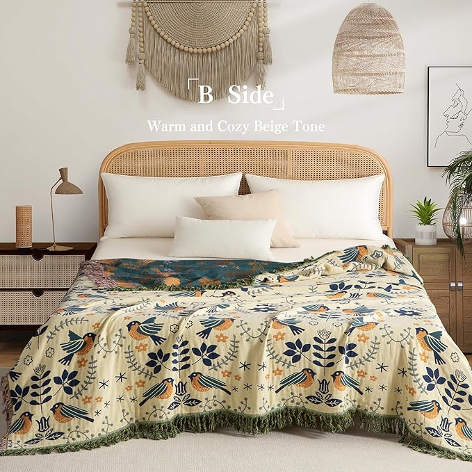 Boho Throw Blanket Twin Size, Soft Cozy Cotton Muslin Quilt Blanket for Bed Decor, Bird Patterned Couch Sofa Chair Cover, Vintage Farmhouse Cottage Tapestry Woven Blanket, Green&Beige
