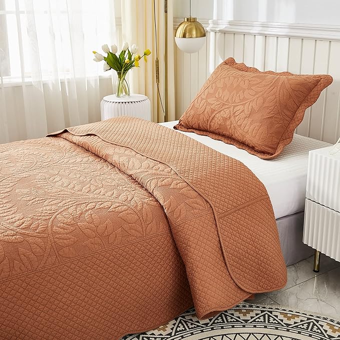 MarCielo 3-Piece 100% Cotton Oversized Bedspread Lightweight Quilt Coverlet Embroidery Farmhouse Bedding Set T0 (Royal Orange, Twin (68"x86"))