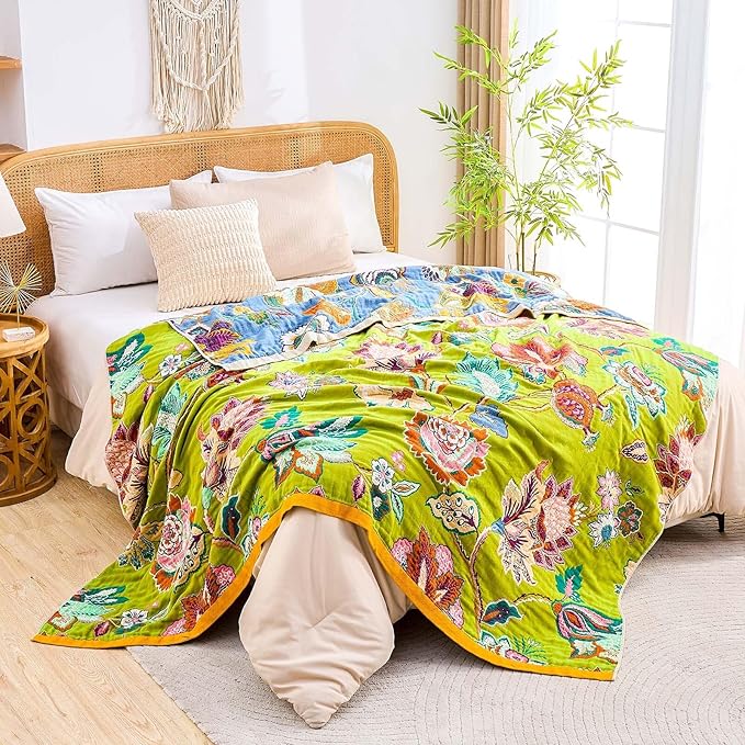 Fall Throw Blanket, 100% Cotton Soft Rustic Boho Throw Blanket for Bed, 90"x98" Farmhouse Decor Bed Flower Blankets, Light Weight Reversible Bohemian Throw Quilt