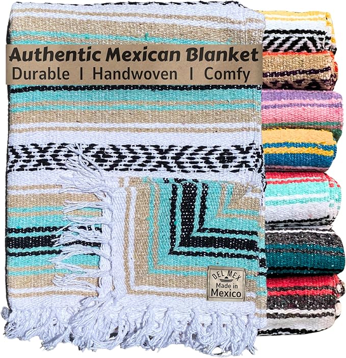 Del Mex Classic Mexican Blanket, Large Authentic Woven Falsa Throw (70"x50"), Artisan Southwest Décor for Beach, Yoga, Outdoors (Mint/Tan)