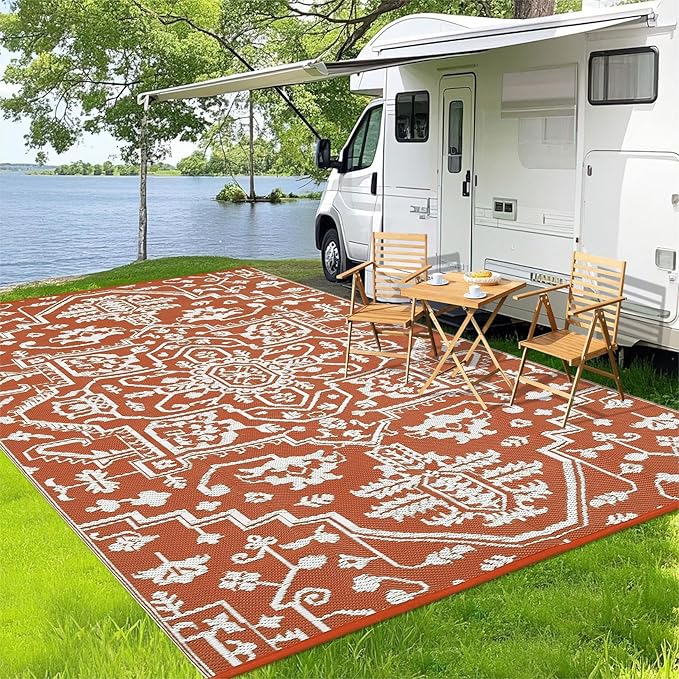 Outdoor Rug 8x10 Waterproof Reversible Plastic Straw Mat, UV-Resistant Vintage Medallion Camping Carpet for Patio, Deck, Balcony, Picnic, Large Outside Floor Mat, Vintage Terracotta Brick/White
