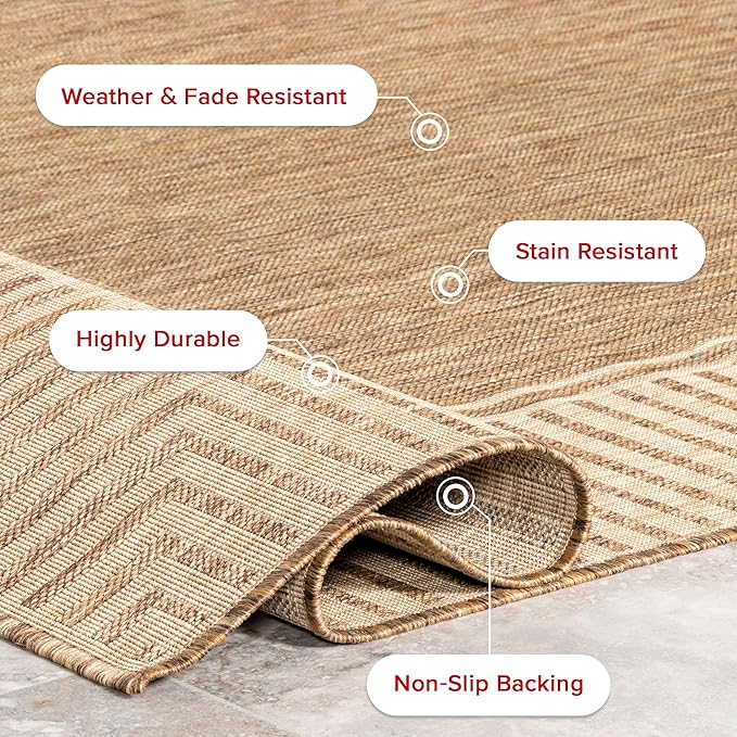 nuLOOM 6' 7" x 9' Outdoor Area Rug, Casual Design With Striped Border, Stain Resistant, Highly Durable, For Patio, Balcony, Bedroom, Living Room, Dining Room, Bathroom, Light Brown