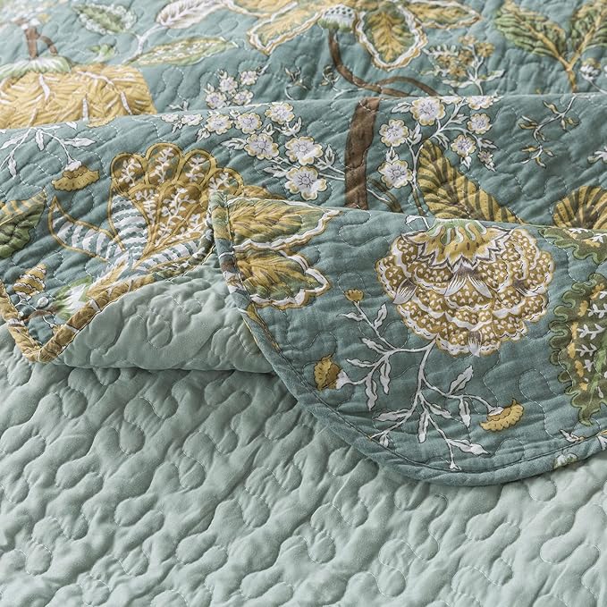 NEWLAKE Cotton Bedspread Quilt Sets-Reversible Patchwork Coverlet Set, Green Floral Pattern, King Size