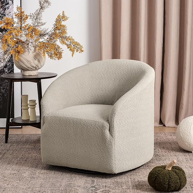 KINWELL 32" Wide Modern Boucle Swivel Barrel Chair, No Assembly Round Upholstered Swivel Accent Armchair for Living Room, Bedroom, Office (Oatmeal)
