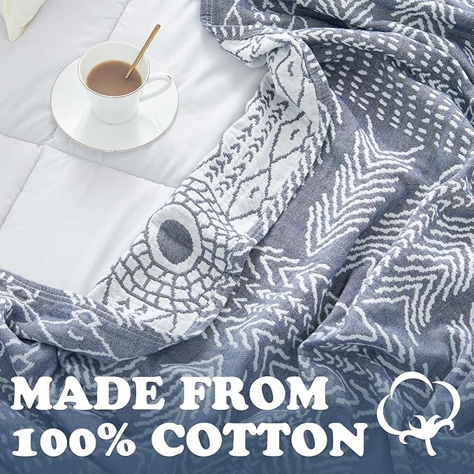 jinchan Boho 100% Cotton Muslin Blanket 3-Layer Queen Size 80x90 Inches Geometric Blue Lightweight Reversible Soft Cozy Comfy Throw for Couch Sofa Bed Coverlet Quilt Large Blanket Bedroom All Seasons