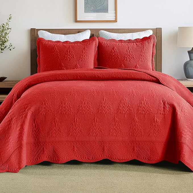 MarCielo 3-Piece Christmas Quilt 100% Cotton Oversized Bedspread Lightweight Coverlet Embroidery Christmas Tree Pattern Bedding Set (TC Red, Oversized Queen (100"x106"))