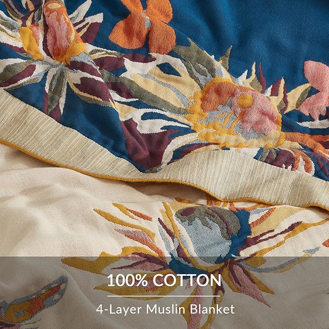 Boho Throw Blanket for Couch Sofa Bed, 100% Cotton Woven Quilt with Tassel 80”x90”, Super Soft Muslin Blanket with Floral Printed, Decorative Reversible Bed Blanket/Cover for All Seasons