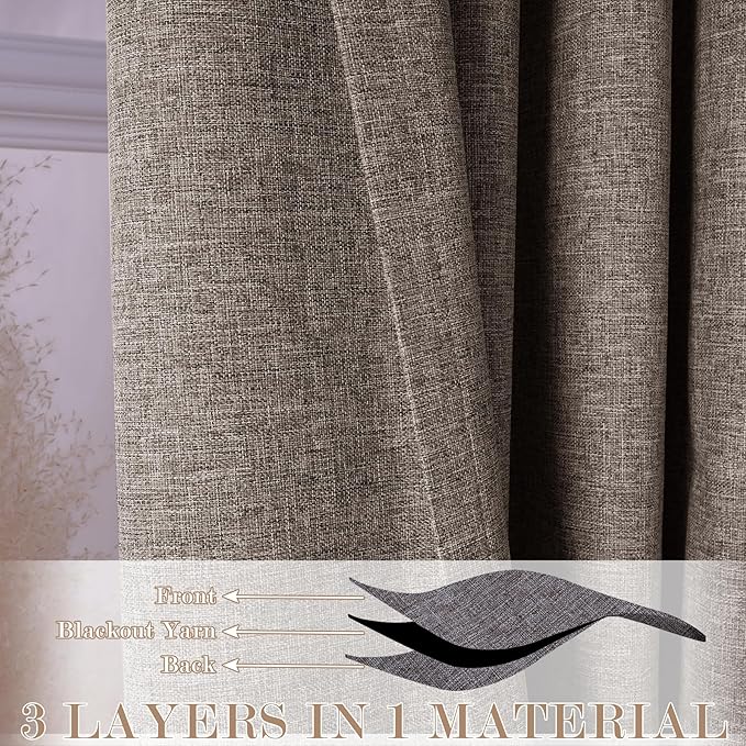 100% Blackout Linen Textured Drapes for Bedroom Pinch Pleated Curtains for Track System Portable Drapery for Sliding Glass Door/Storage/Space Room Divider, 70" Wx84 L, 1 PC, Light Coffee