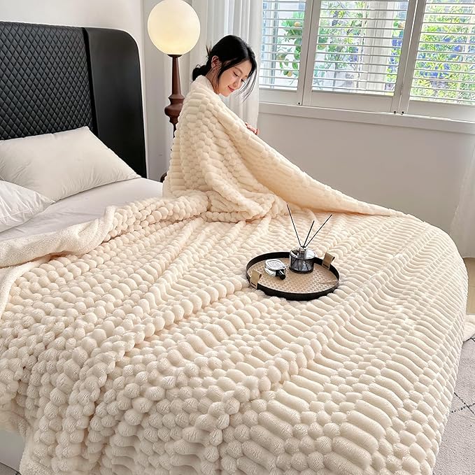 UKELER Off White Sherpa Throw Blankets 60 × 80 inch, 470 GSM Striped Sherpa Fleece Blanket for All Season, Warm and Cozy Blanket for Couch Sofa Bed Office Camping